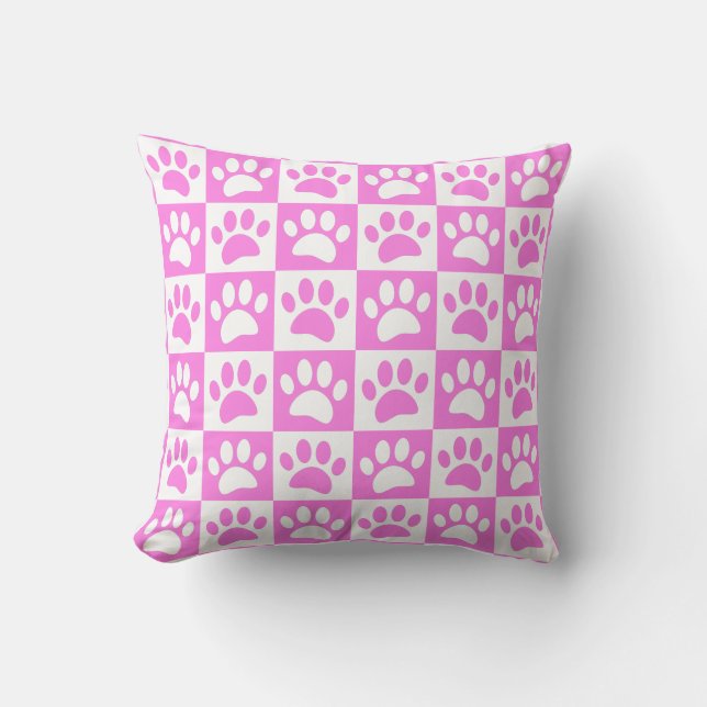 Cute Pink Paw Print And Chequerboard Pattern Throw Pillow (Front)