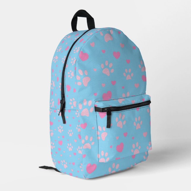 Cute Pink Paw Print and Heart Pattern Backpack (Back Corner Left)