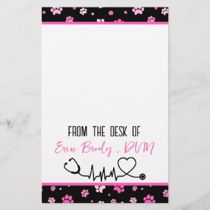 Cute Pink Paw Print Veterinarian Name Stationery