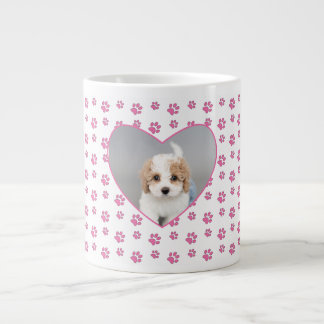 Cute Pink Paw Prints Personalized Dog Mom Photo Large Coffee Mug
