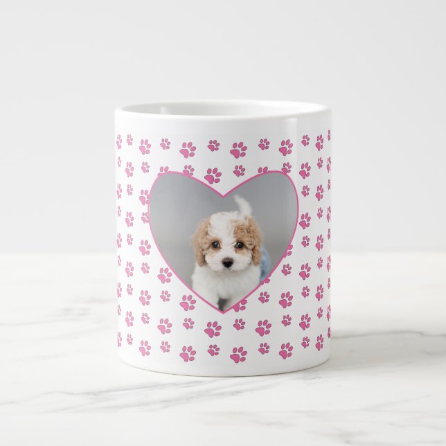 Cute Pink Paw Prints Personalized Dog Mom Photo Large Coffee Mug (Front)