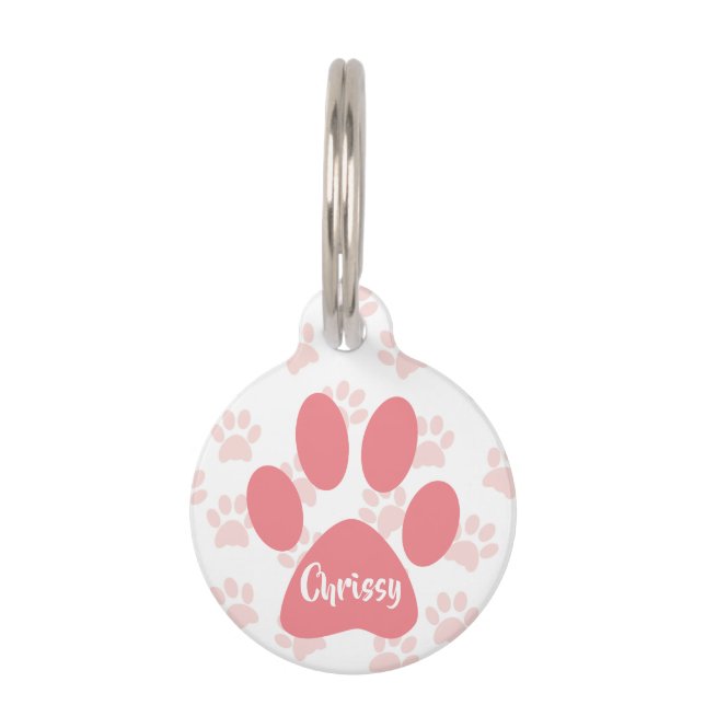 Cute Pink Paw Prints Personalized Pet ID Tag (Front)