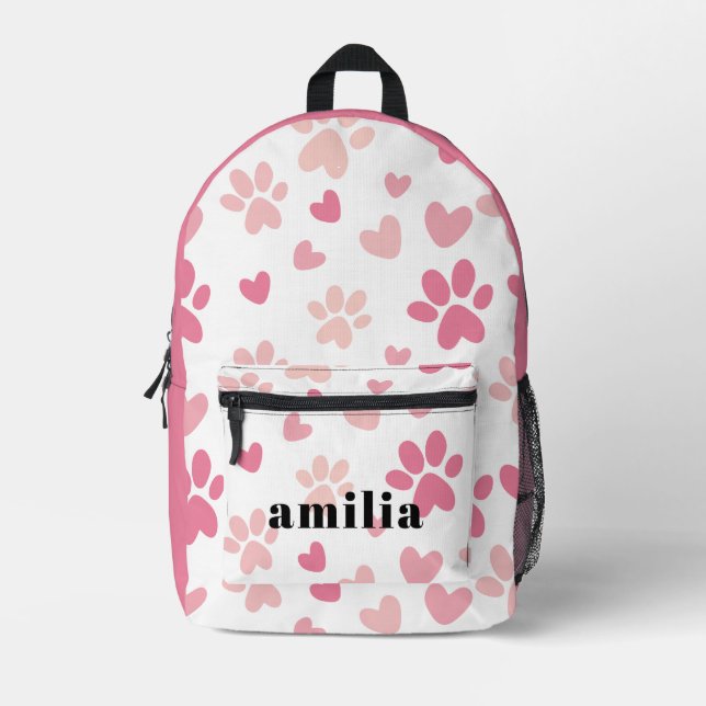 Cute Pink Pawprint Personalized Printed Backpack (Front)