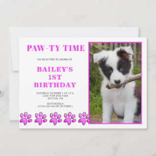 Cute Pink Pawty Time Dog Birthday Invitation