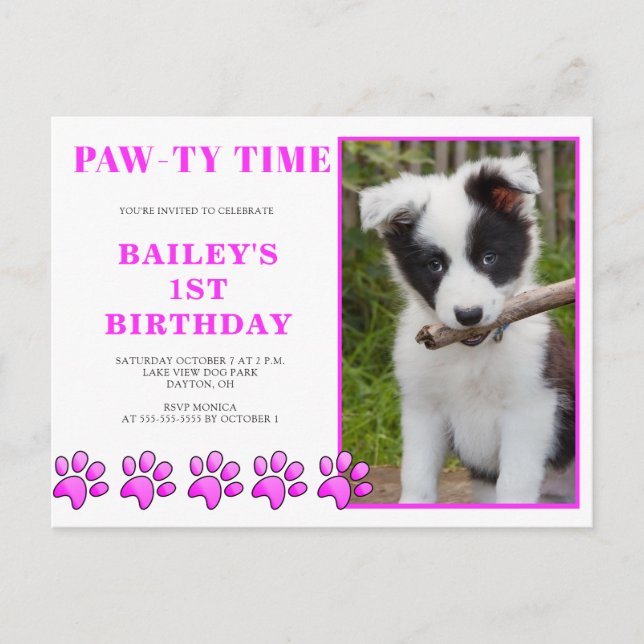 Cute Pink Pawty Time Dog Birthday Invitation Postcard (Front)