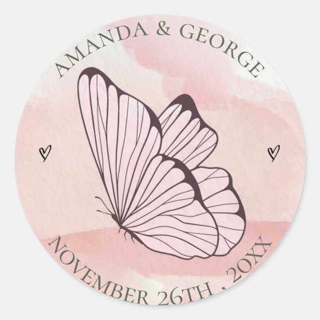 Cute Pink Peach Watercolor Butteryfly Wedding Classic Round Sticker (Front)
