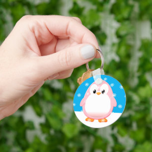 Cute Pink Penguin Cartoon Snow Flakes Custom Keychain