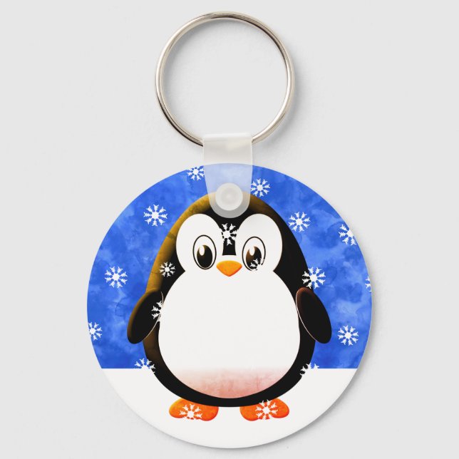 Cute Pink Penguin Cartoon Snow Flakes Custom Keychain (Front)