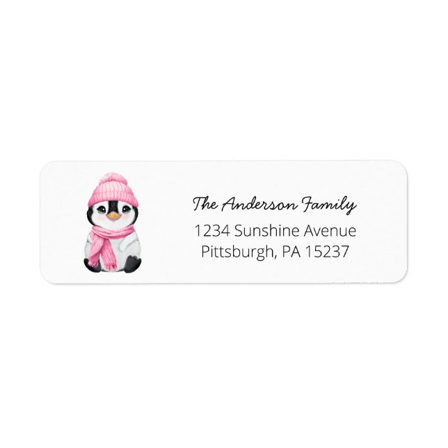 Cute Pink Penguin Return Address Label (Front)