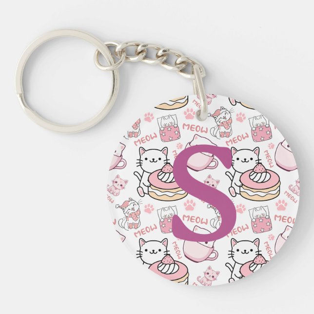 Cute Pink Personalized Cat  Keychain (Front)