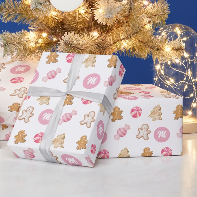 Cute Pink Personalized Gingerbread Pattern Wrapping Paper (Holidays)