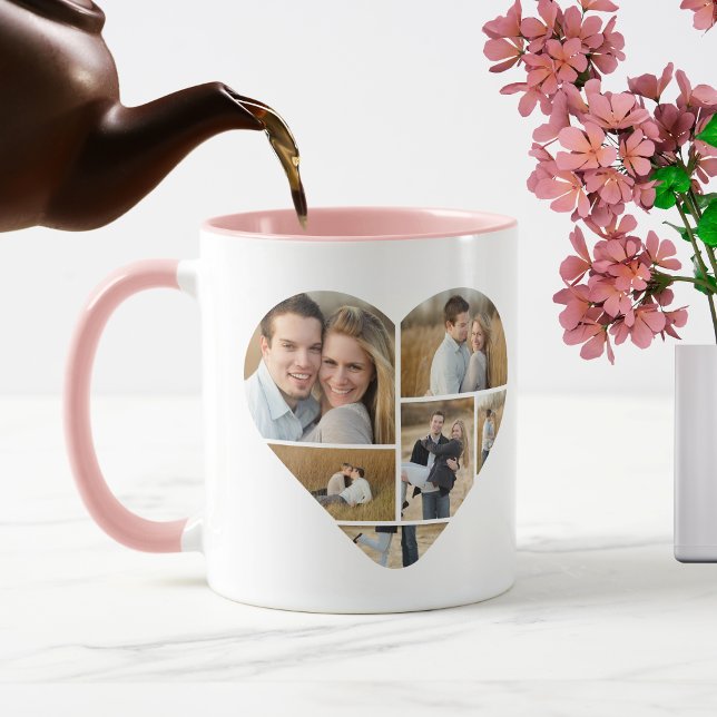 Cute Pink Personalized Love Heart Photo Collage Mug (Custom photo collage mug)
