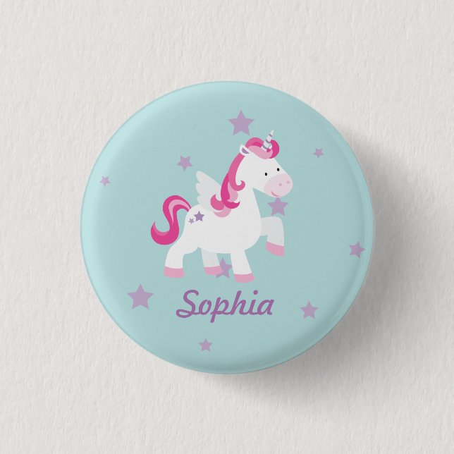 Cute Pink Personalized Magical Unicorn Button/Pin 1 Inch Round Button (Front)