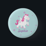 Cute Pink Personalized Magical Unicorn Button/Pin 1 Inch Round Button<br><div class="desc">Personalized Pin featuring a Cute magical unicorn flying in the sky with purple stars. Cute and fun design for special for a girl who loves unicorns and magical ponies. Custom monogrammed gift for girls.</div>
