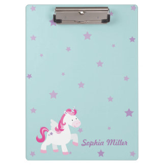 Cute Pink Personalized Magical Unicorn Clipboard
