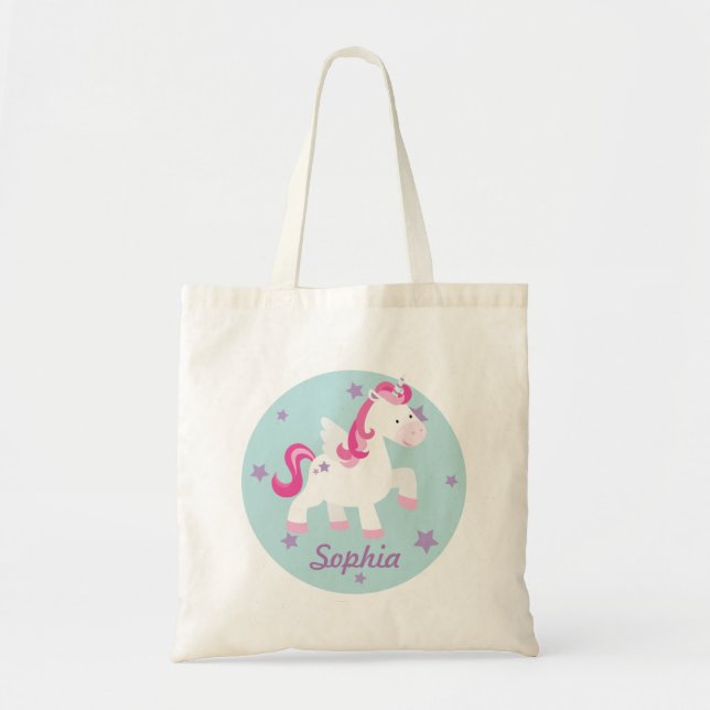 Cute Pink Personalized Magical Unicorn Tote Bag (Front)