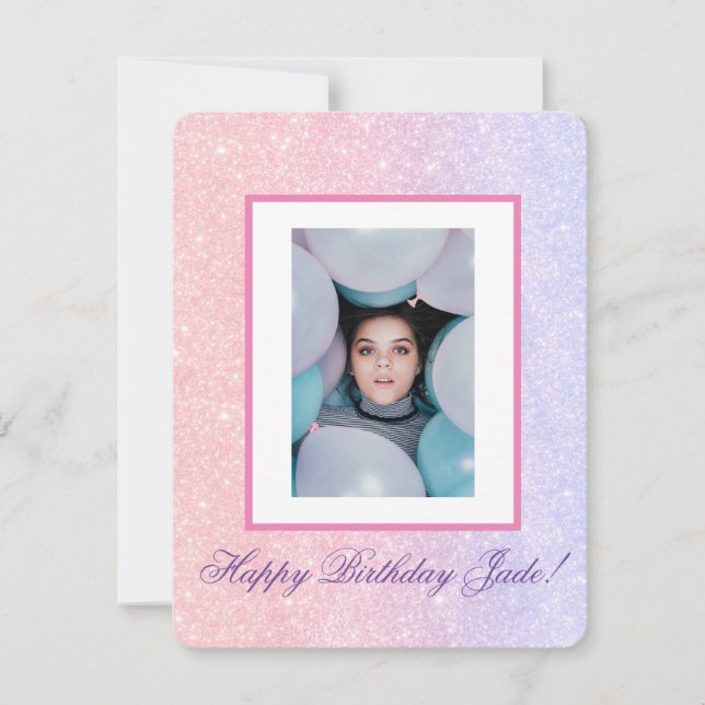 Cute Pink Personalized Name Glitter Birthday Holiday Card (Front)