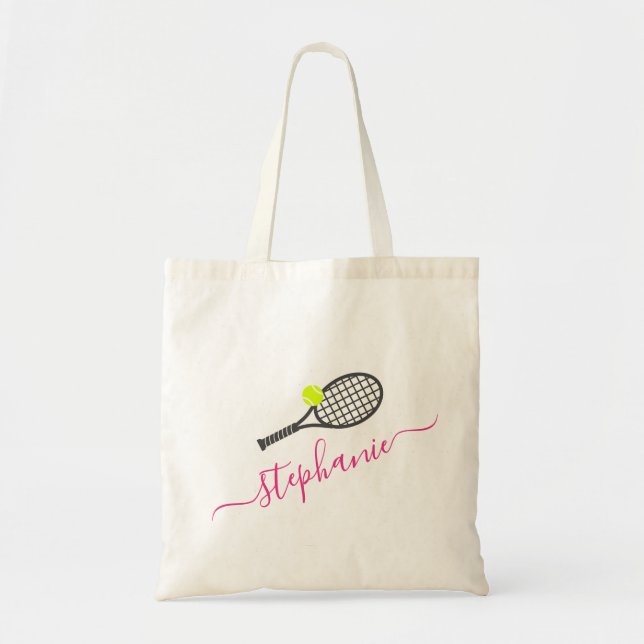 Cute Pink Personalized Tennis Racket Monogram Tote Bag (Front)