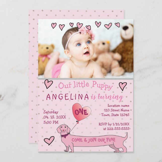 Cute Pink Photo 1st Birthday Invitation (Front/Back)