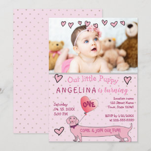 Cute Pink Photo 1st Birthday Invitation