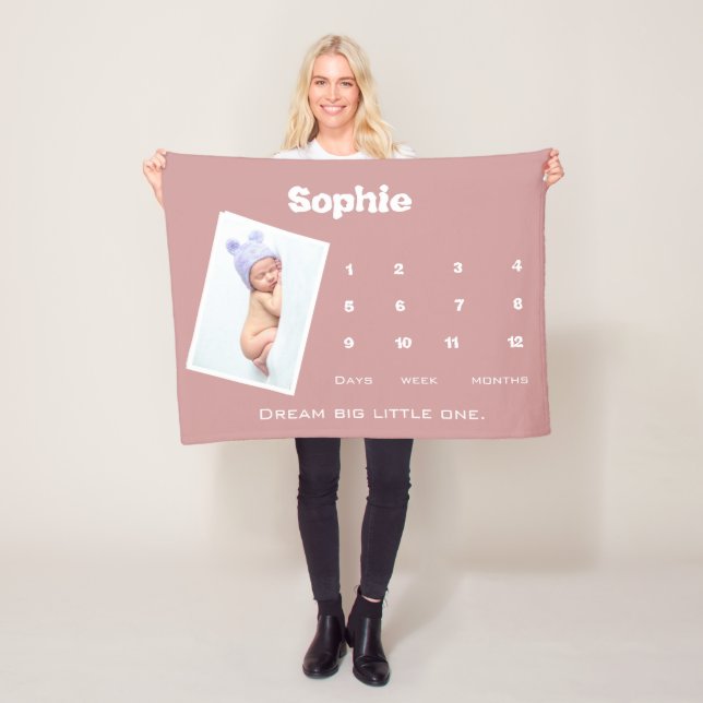 Cute Pink Photo Milestone Name Personalized Baby  Fleece Blanket (In Situ)