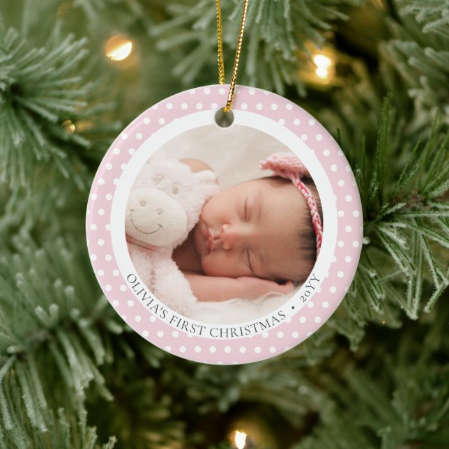 Cute Pink Photo Religious Baby's 1st Christmas Ceramic Ornament (Tree)