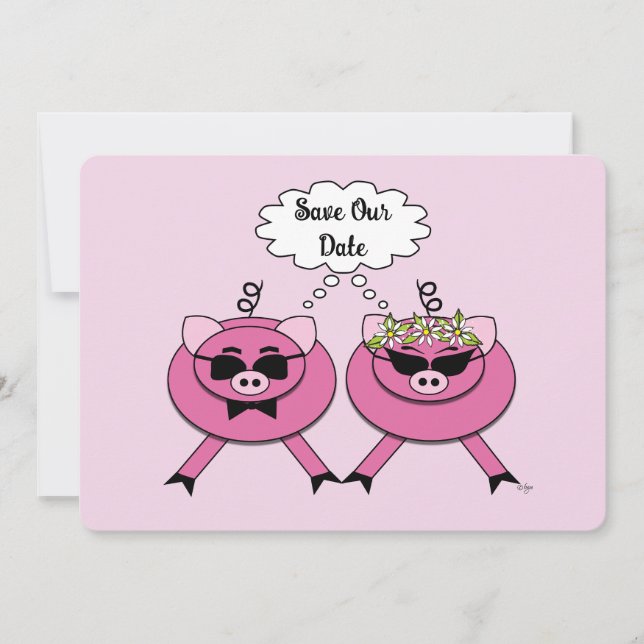 Cute Pink Pig Couple Save the Date | Back Photo Invitation (Front)
