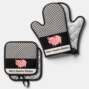 Cute Pink Pig Design Oven Mitt & Pot Holder Set