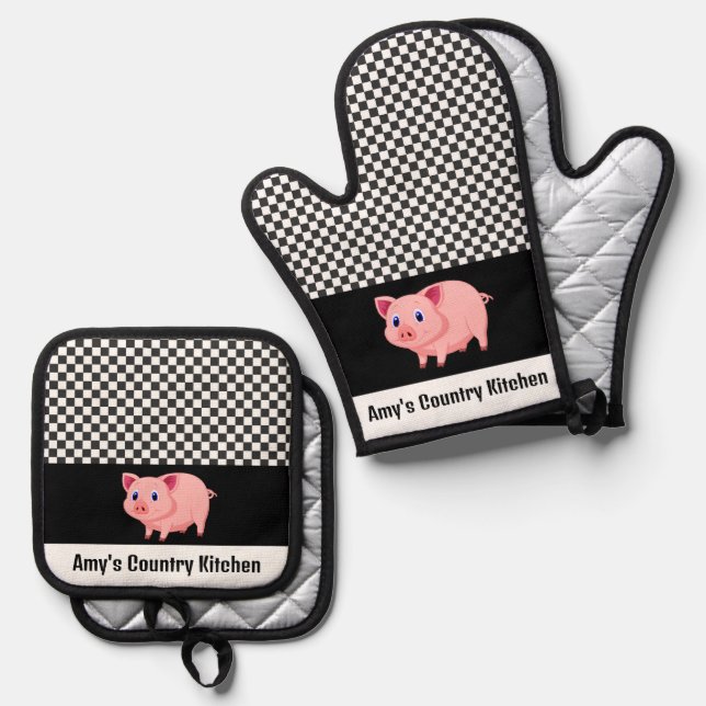 Cute Pink Pig Design Oven Mitt & Pot Holder Set (Front/Back)