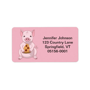 Cute Pink Pig Eating Pizza Label