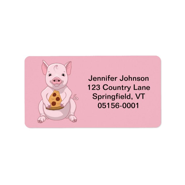 Cute Pink Pig Eating Pizza Label (Front)