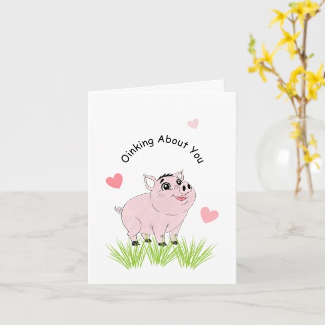 Cute pink pig for Valentine Card (Yellow Flower)