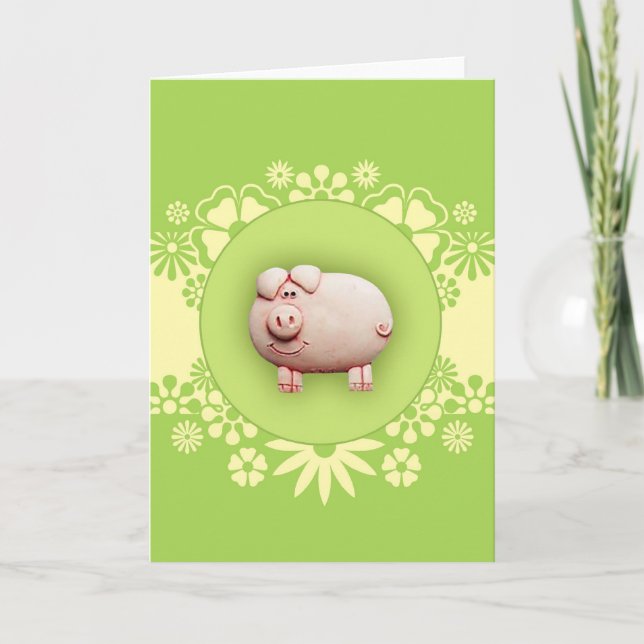 Cute Pink Pig Greeting Card (Front)