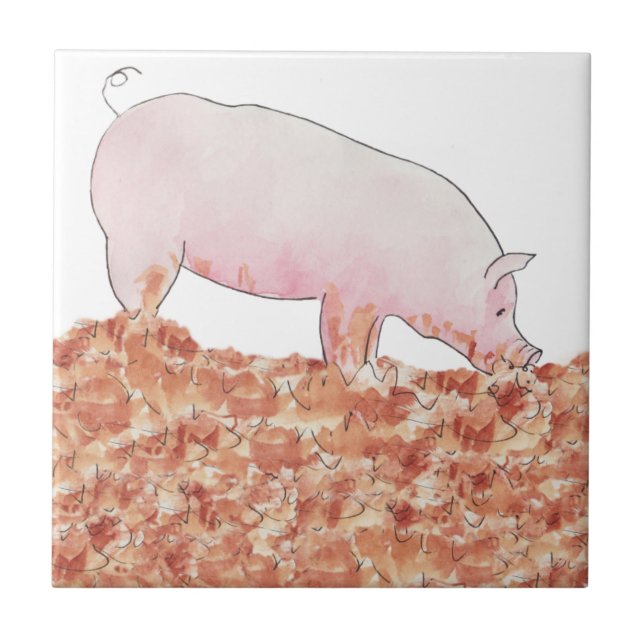 Cute Pink Pig in Mud Funny Watercolour Animal Art Tile (Front)
