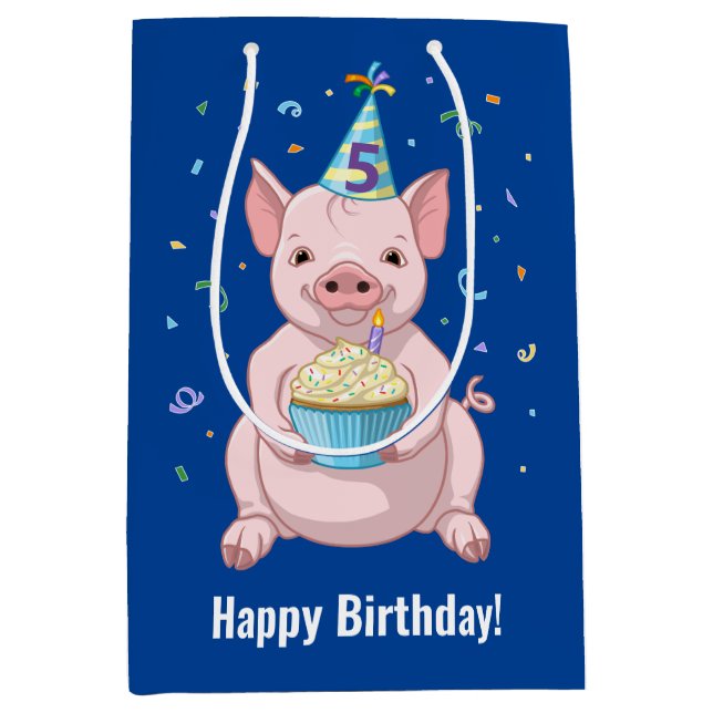 Cute Pink Pig Kids Birthday Party Animal Cake Hat Medium Gift Bag (Front)