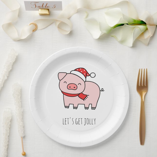 Cute Pink Pig Lets Get Jolly Minimalist Christmas Paper Plate (Wedding)