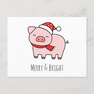 Cute Pink Pig Merry And Bright Simple Minimalist Holiday Postcard
