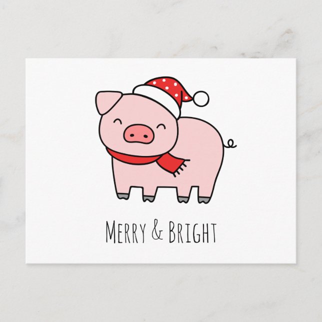 Cute Pink Pig Merry And Bright Simple Minimalist Holiday Postcard (Front)