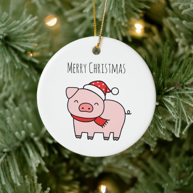 Cute Pink Pig Merry Christmas Minimalist Ceramic Ornament (Tree)