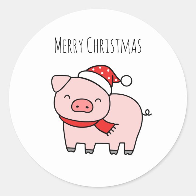Cute Pink Pig Merry Christmas Minimalist Classic Round Sticker (Front)