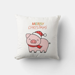 Cute Pink Pig Merry Christmas Throw Pillow