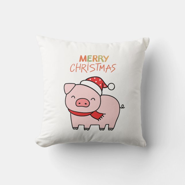 Cute Pink Pig Merry Christmas  Throw Pillow (Front)