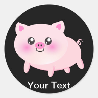 Cute Pink Pig on Black Classic Round Sticker
