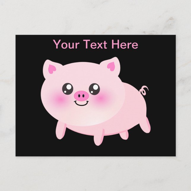 Cute Pink Pig on Black Postcard (Front)