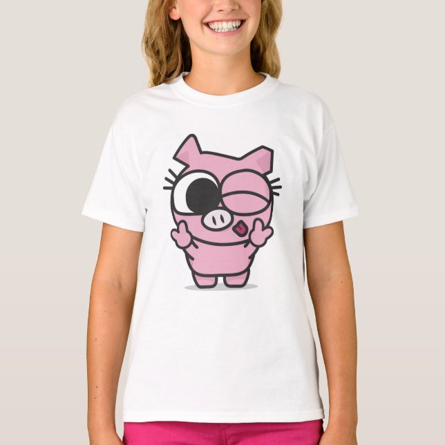 Cute Pink Pig Peace Wink Tongue Out T-Shirt (Front)