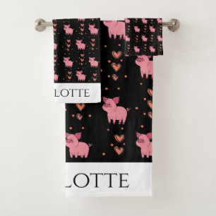Cute Pink Pig Piggy Hearts Pattern Love Animals Ha Bath Towel Set
