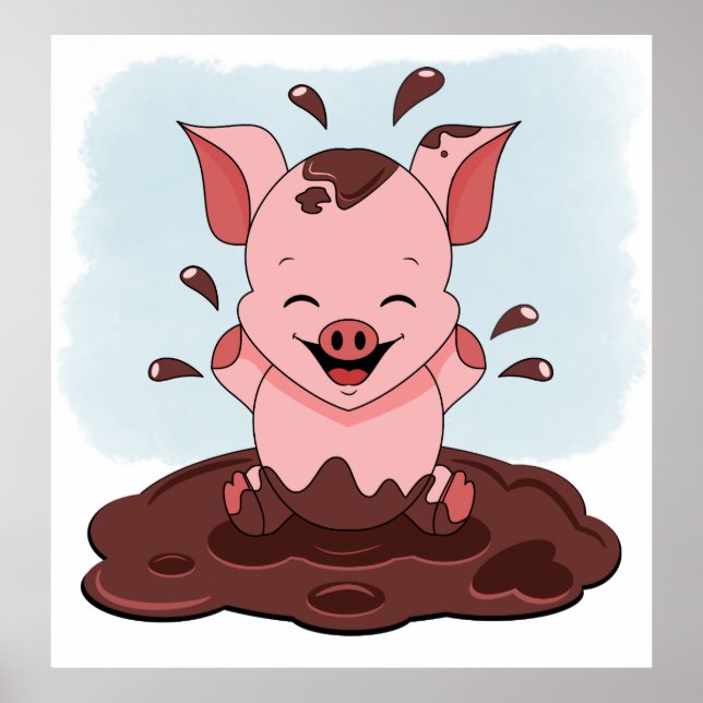 Cute Pink Pig Playing In Mud Poster (Front)