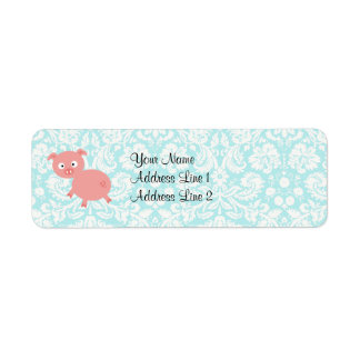 Cute Pink Pig; Teal Damask