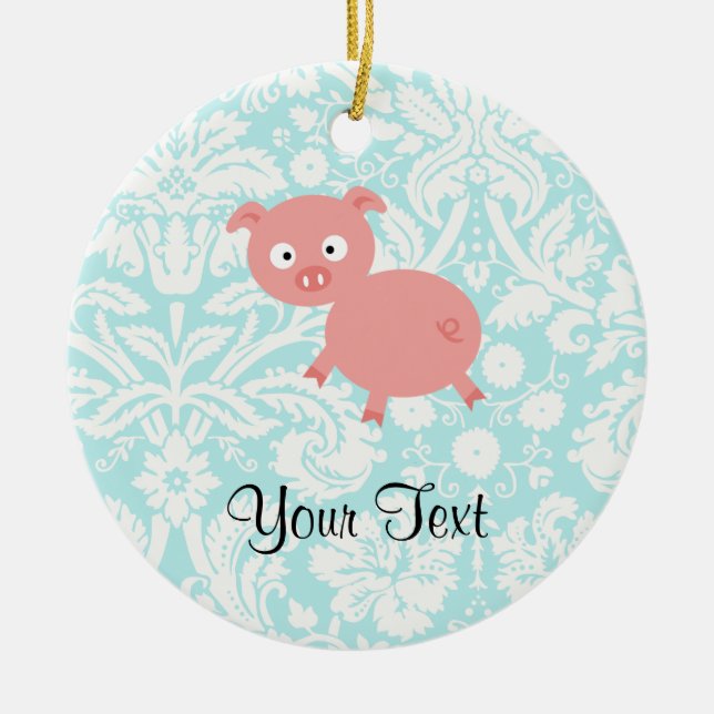 Cute Pink Pig; Teal Damask Ceramic Ornament (Front)