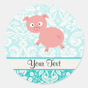 Cute Pink Pig; Teal Damask Classic Round Sticker